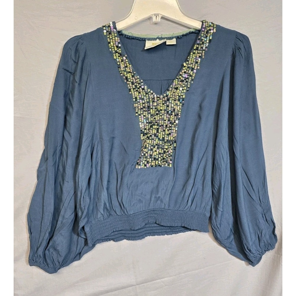 Maeve Anthropologie Kristie Sequined Peasant Blouse‎ XS Blue
